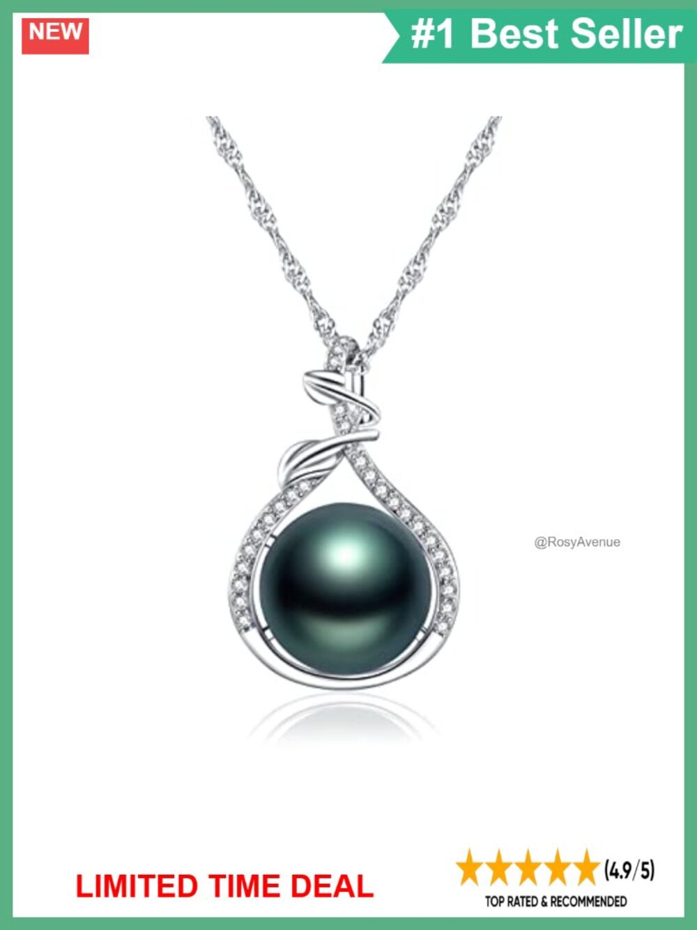 Tahitian Black Pearl Pendant Necklace 18K White Gold Plated Sterling Silver